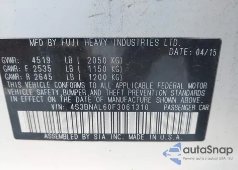 2015 Subaru Legacy 2.5I Limited z USA, uszkodzony, nr VIN 4S3BNAL60F3061310